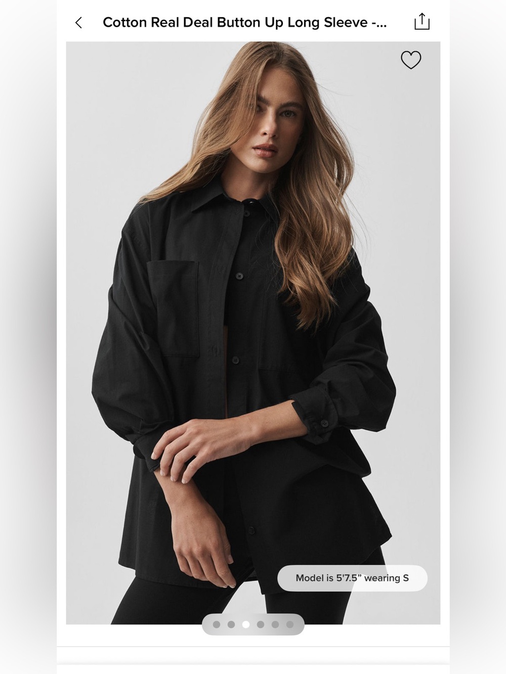 ALO Yoga Black Cotton Real Deal Button Up Long Sleeve Shirt